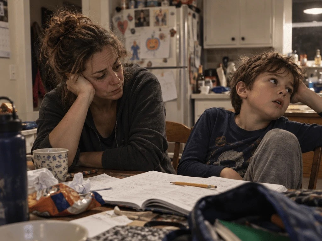Le soir, une maman épuisée, la tête dans la main, à côté de son fils qui décroche devant ses devoirs.