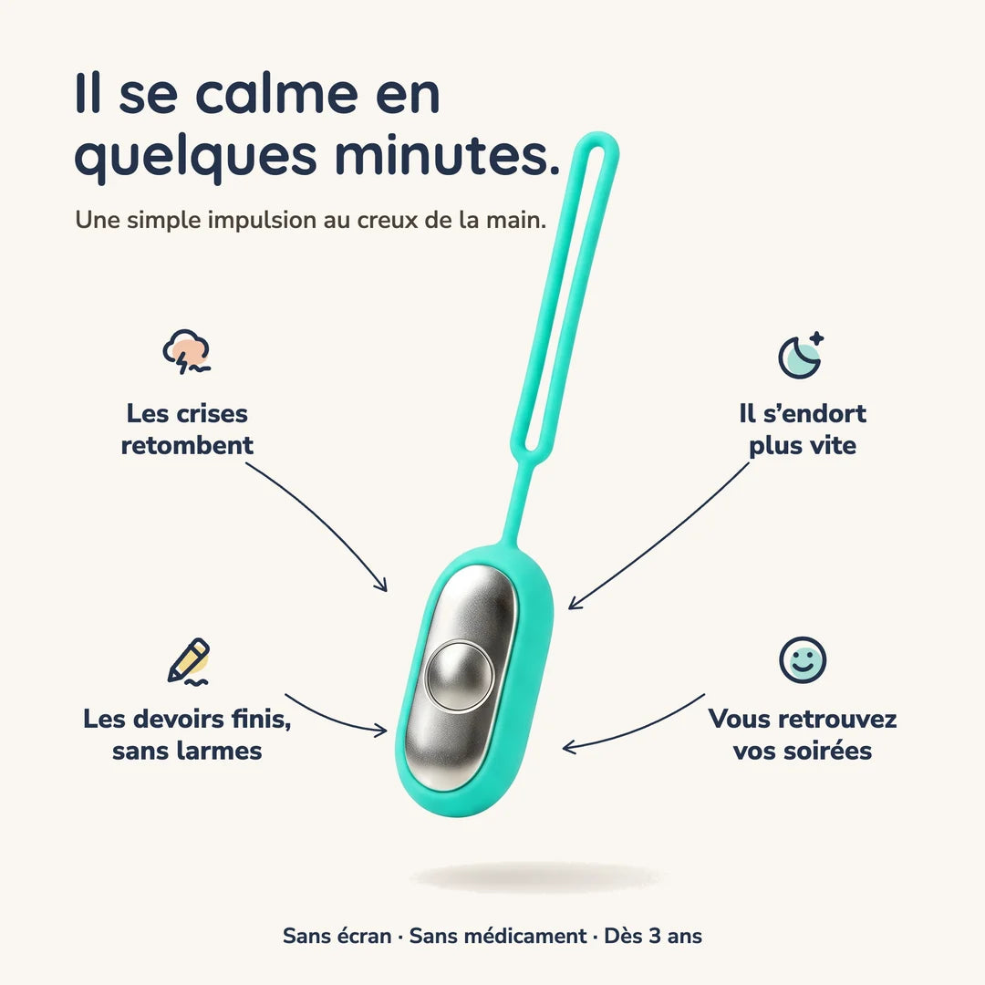 CalmKid turquoise : les crises retombent, les devoirs finis, il s'endort plus vite, vous retrouvez vos soirées.