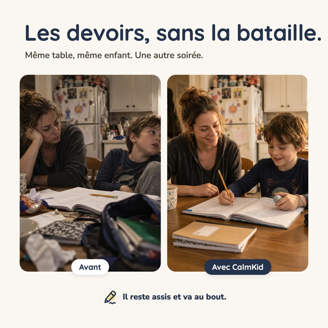 Avant et avec CalmKid : les devoirs, sans la bataille.
